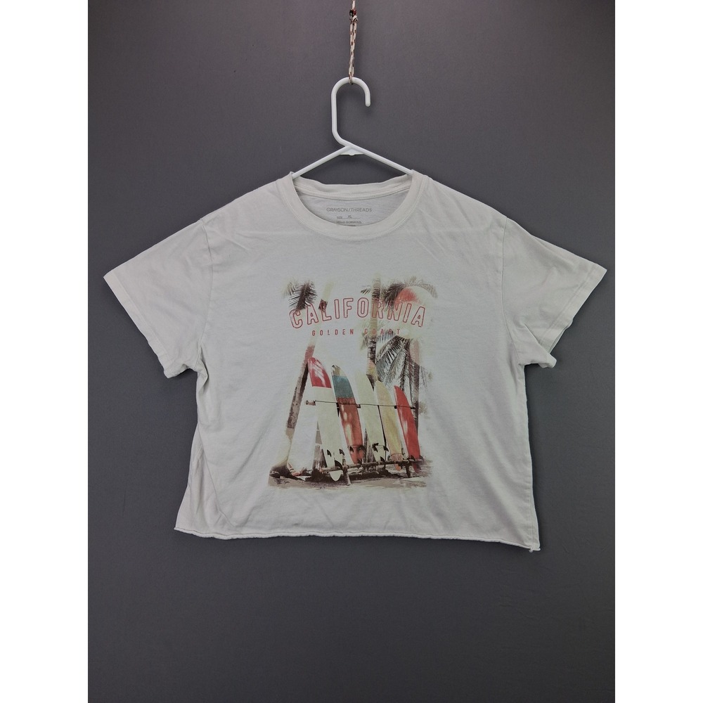 Grayson Threads T-Shirt California Surfboard Graphic XL White Raw Hem Crop Top